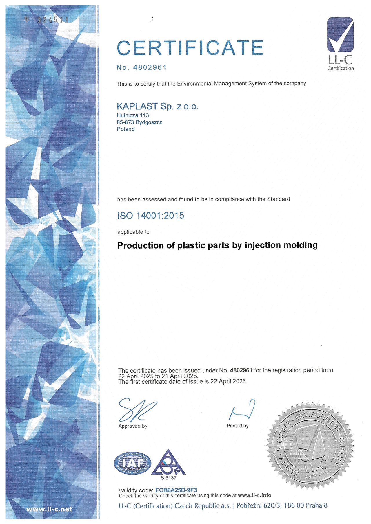 Kaplast z certyfikatem ISO 14001:2015